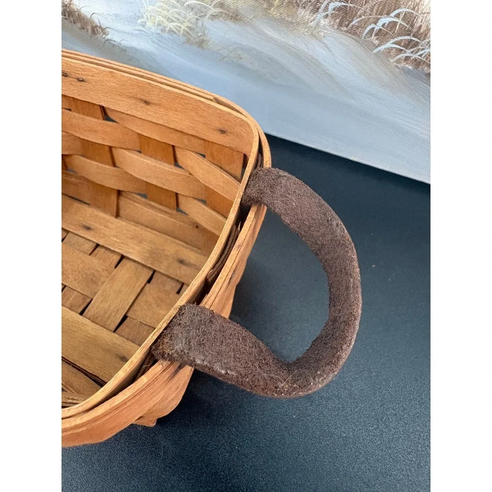 Longaberger 1989 Rectangular Woven Wood Basket with Leather Handles Dresden Ohio